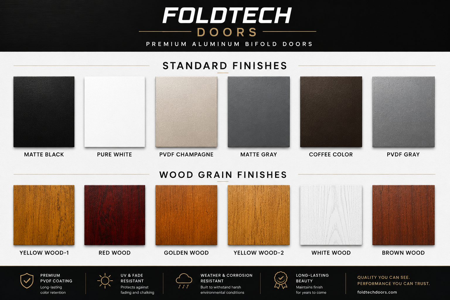 FoldTech Doors standard and wood grain finish palette